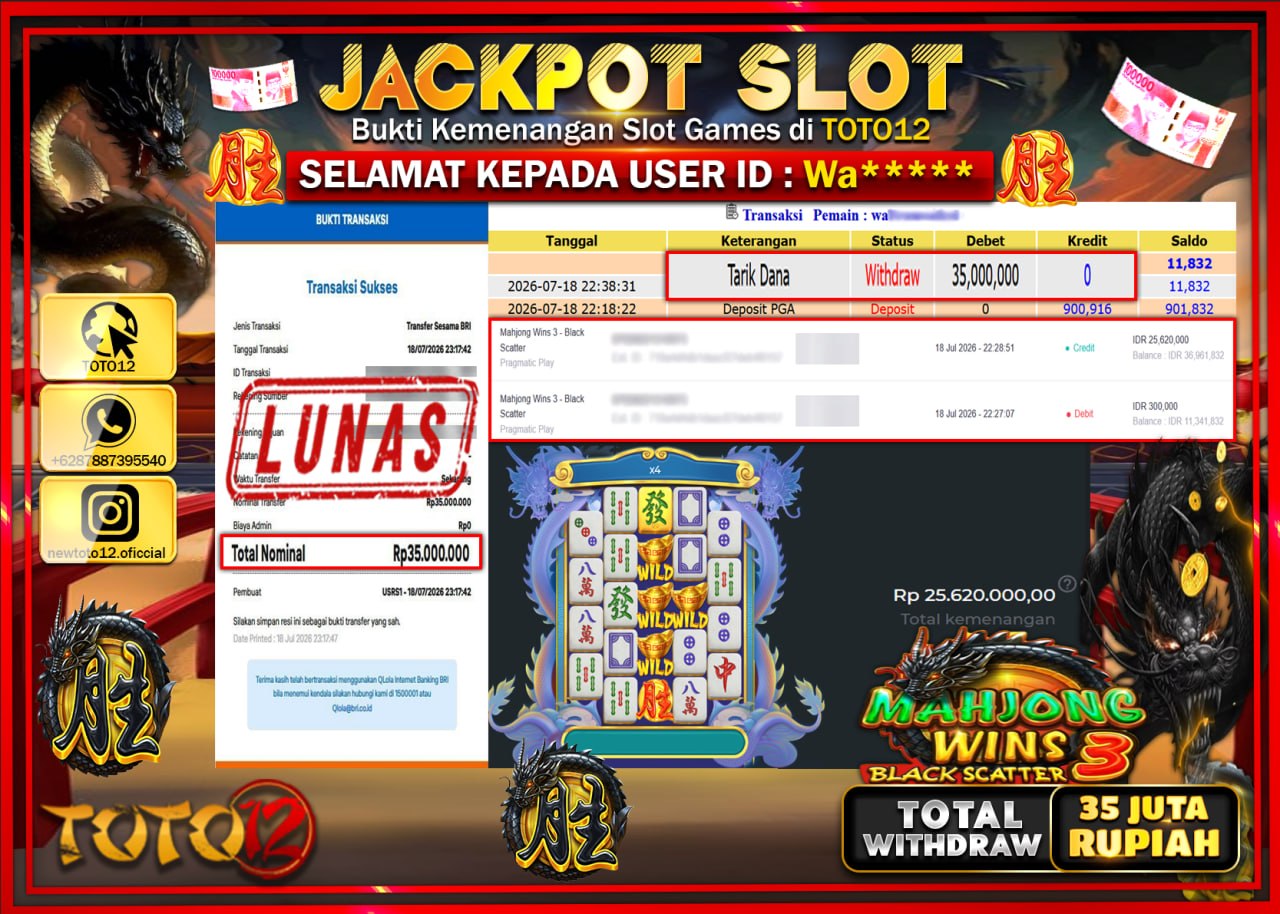 HANYA DI TOTO12 JP PASTI DI BAYAR LUNAS DAN CEPAT!!!!!! JACKPOT SLOT GAME (MAHJONG WINS 3 BLACK SCATTER) Rp35.000.000!!!!