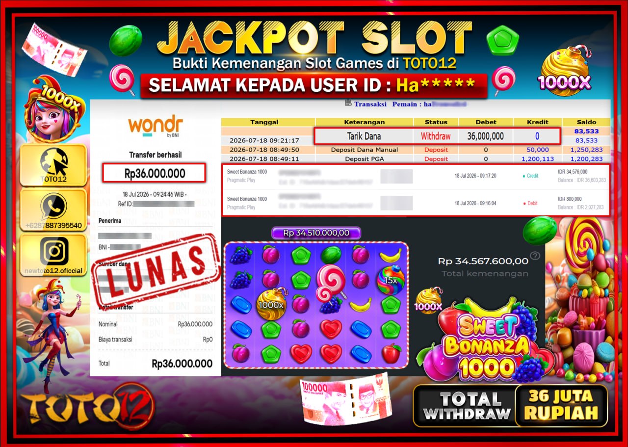 HANYA DI TOTO12 JP PASTI DI BAYAR LUNAS DAN CEPAT!!!!!! JACKPOT SLOT GAME (SWEET BONANZA 1000) Rp36.000.000!!!!