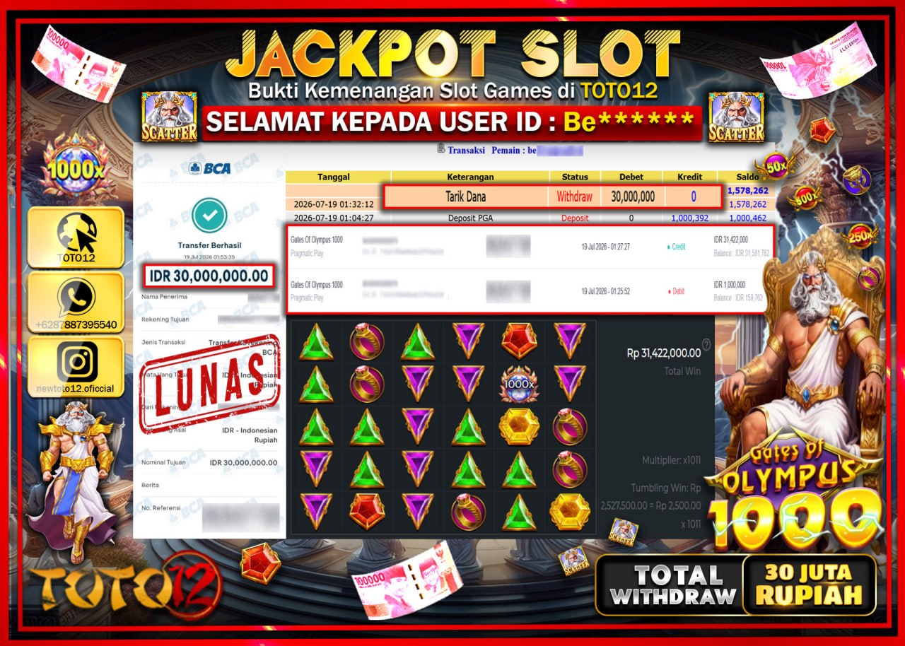 HANYA DI TOTO12 JP PASTI DI BAYAR LUNAS DAN CEPAT!!!!!! JACKPOT SLOT GAME (GATES OF OLYMPUS 1000) Rp30.000.000!!!!