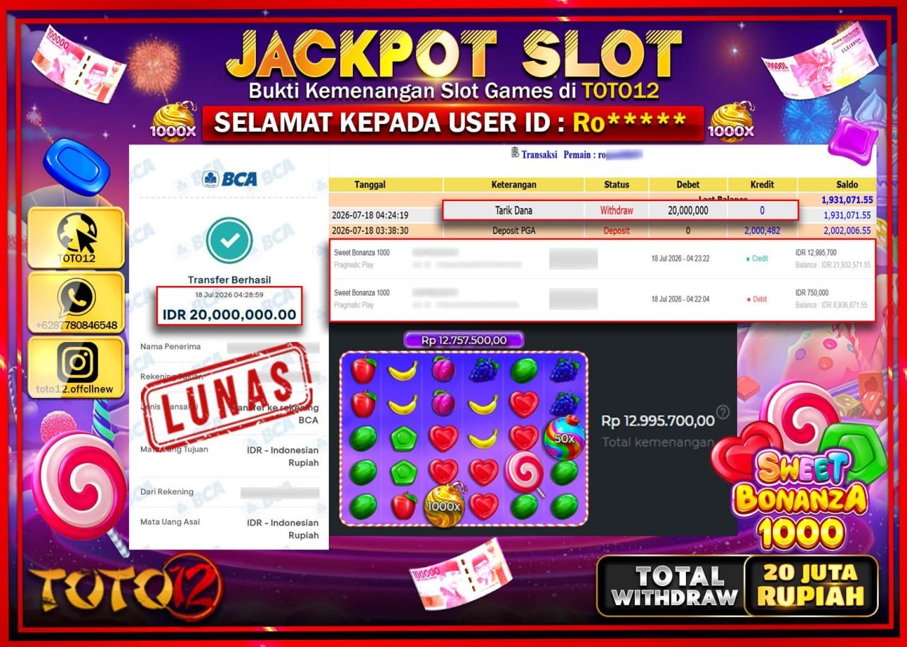 HANYA DI TOTO12 JP PASTI DI BAYAR LUNAS DAN CEPAT!!!!!! JACKPOT SLOT GAME (SWEET BONANZA 1000) Rp20.000.000!!!!