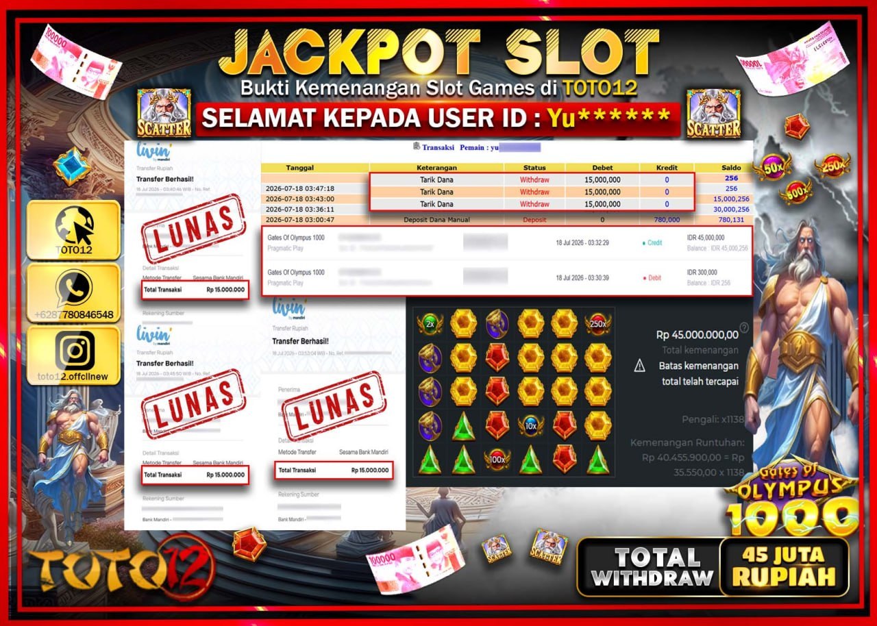 HANYA DI TOTO12 JP PASTI DI BAYAR LUNAS DAN CEPAT!!!!!! JACKPOT SLOT GAME (GATES OF OLYMPUS 1000) Rp45.000.000!!!!