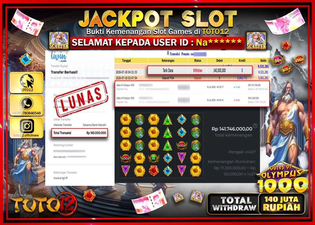 HANYA DI TOTO12 JP PASTI DI BAYAR LUNAS DAN CEPAT!!!!!! JACKPOT SLOT GAME (GATES OF OLYMPUS 1000) Rp140.000.000!!!!
