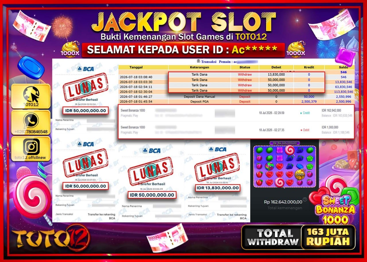HANYA DI TOTO12 JP PASTI DI BAYAR LUNAS DAN CEPAT!!!!!! JACKPOT SLOT GAME (SWEET BONANZA 1000) Rp163.830.000!!!!