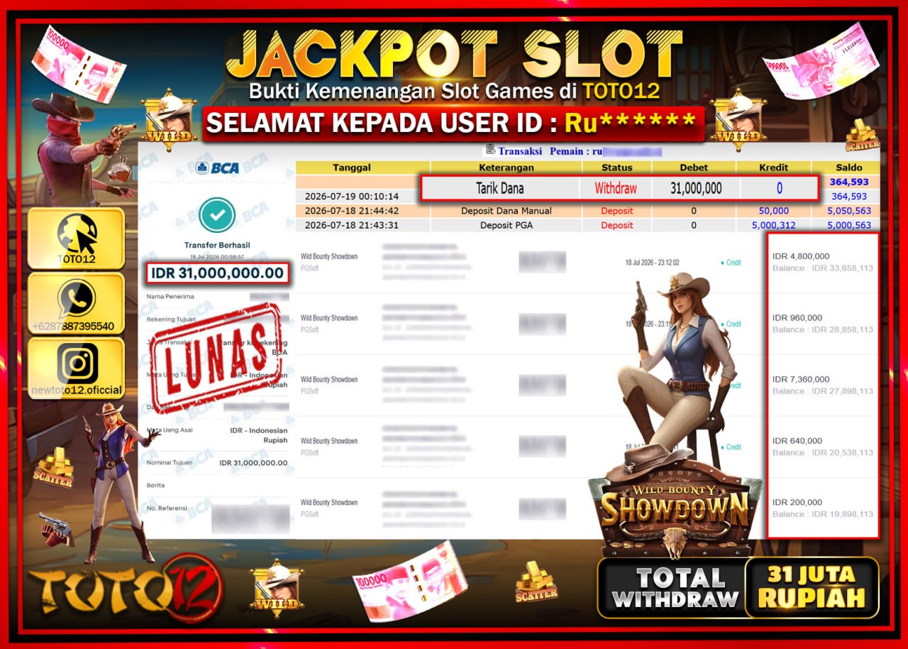 HANYA DI TOTO12 JP PASTI DI BAYAR LUNAS DAN CEPAT!!!!!! JACKPOT SLOT GAME (WILD BOUNTY SHOWDOWN) Rp31.000.000!!!!