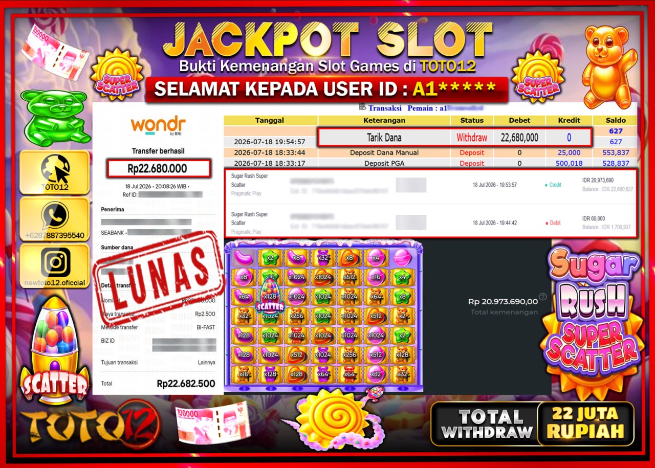 HANYA DI TOTO12 JP PASTI DI BAYAR LUNAS DAN CEPAT!!!!!! JACKPOT SLOT GAME (SUGAR RUSH SUPER SCATTER) Rp22.680.000!!!!