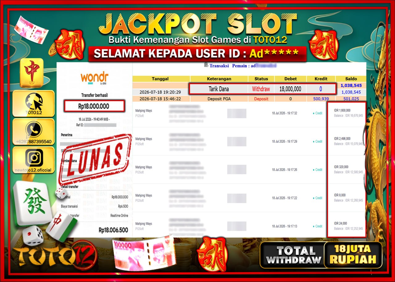HANYA DI TOTO12 JP PASTI DI BAYAR LUNAS DAN CEPAT!!!!!! JACKPOT SLOT GAME (MAHJONG WAYS) Rp18.000.000!!!!