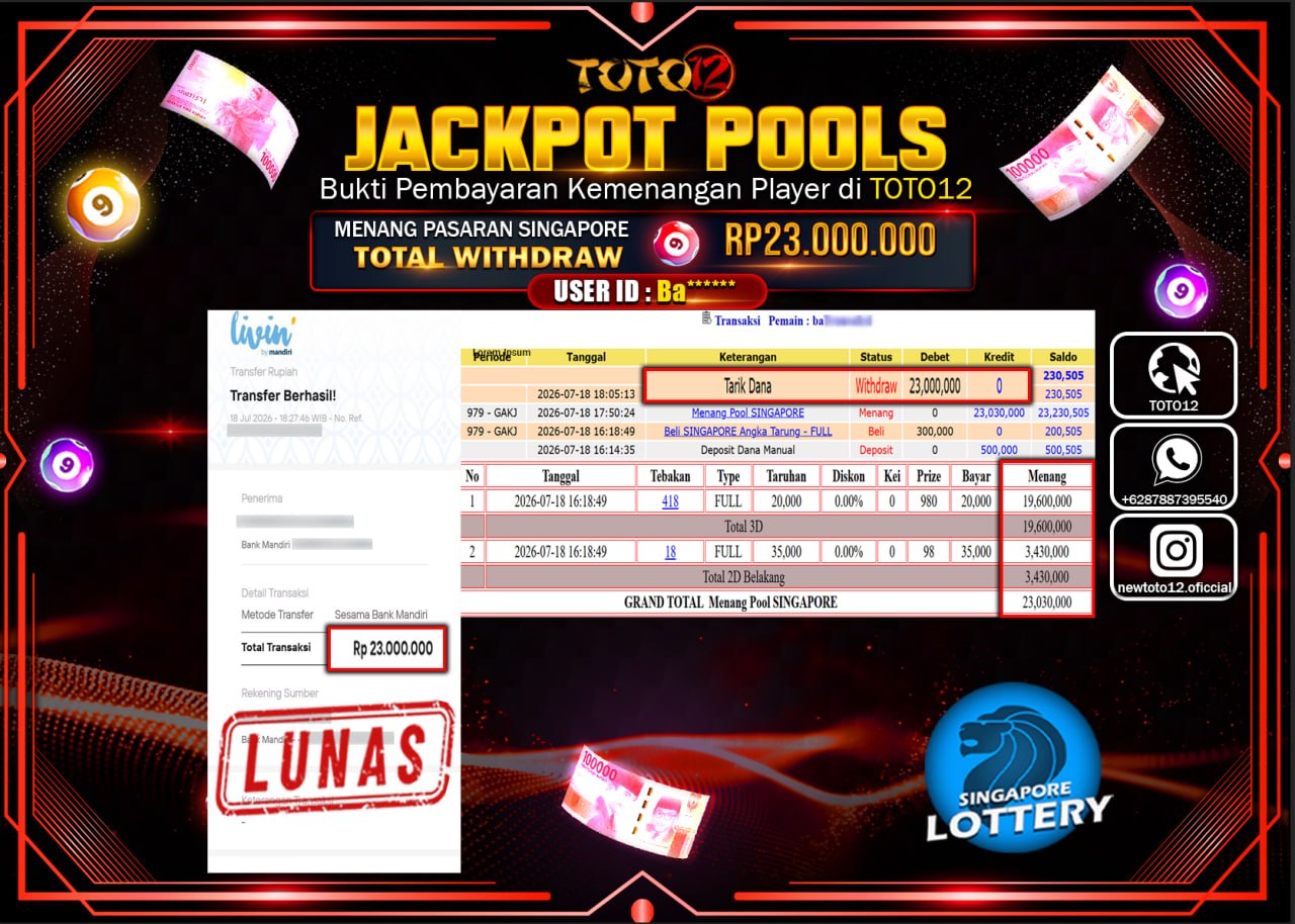 HANYA DI TOTO12 JP PASTI DI BAYAR LUNAS DAN CEPAT!!!!!! JACKPOT POOLS PASARAN (SINGAPORE) Rp23.000.000!!!!