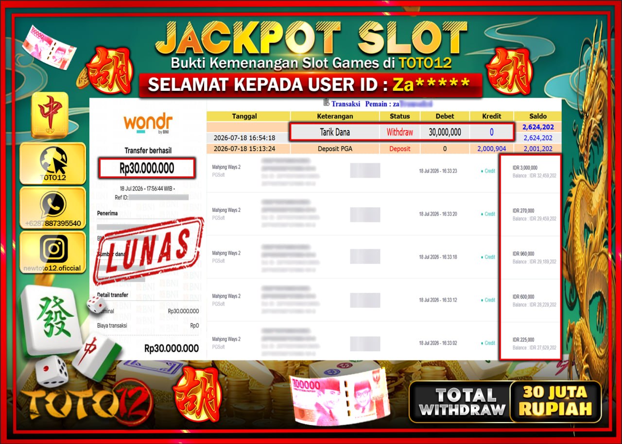 HANYA DI TOTO12 JP PASTI DI BAYAR LUNAS DAN CEPAT!!!!!! JACKPOT SLOT GAME (MAHJONG WAYS 2) Rp30.000.000!!!!