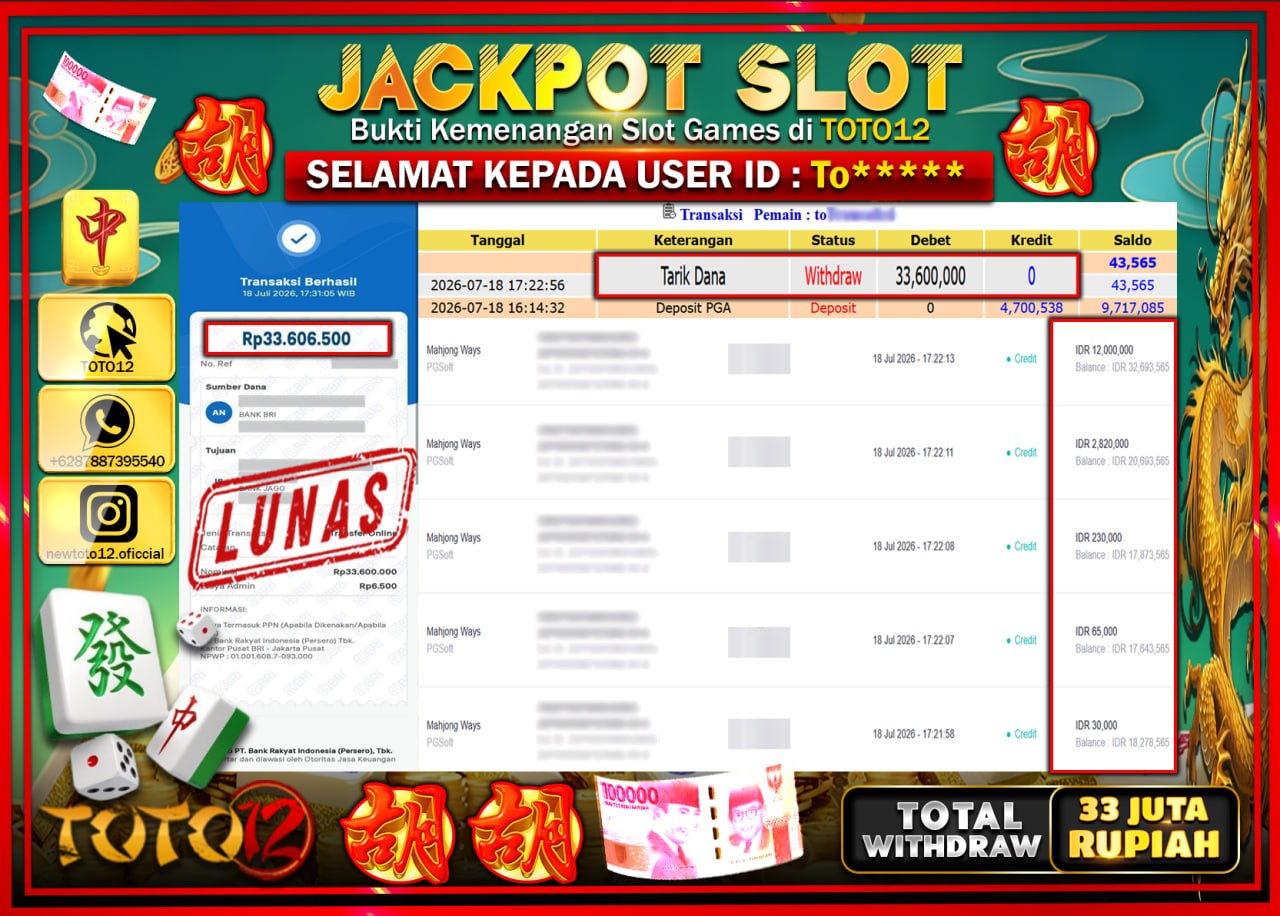 HANYA DI TOTO12 JP PASTI DI BAYAR LUNAS DAN CEPAT!!!!!! JACKPOT SLOT GAME (MAHJONG WAYS) Rp33.600.000!!!!