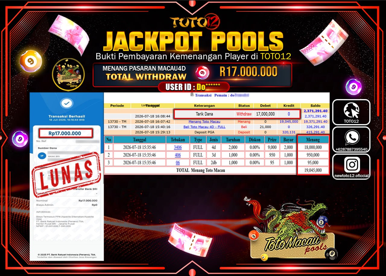 HANYA DI TOTO12 JP PASTI DI BAYAR LUNAS DAN CEPAT!!!!!! JACKPOT POOLS PASARAN (MACAU 4D) Rp17.000.000!!!!