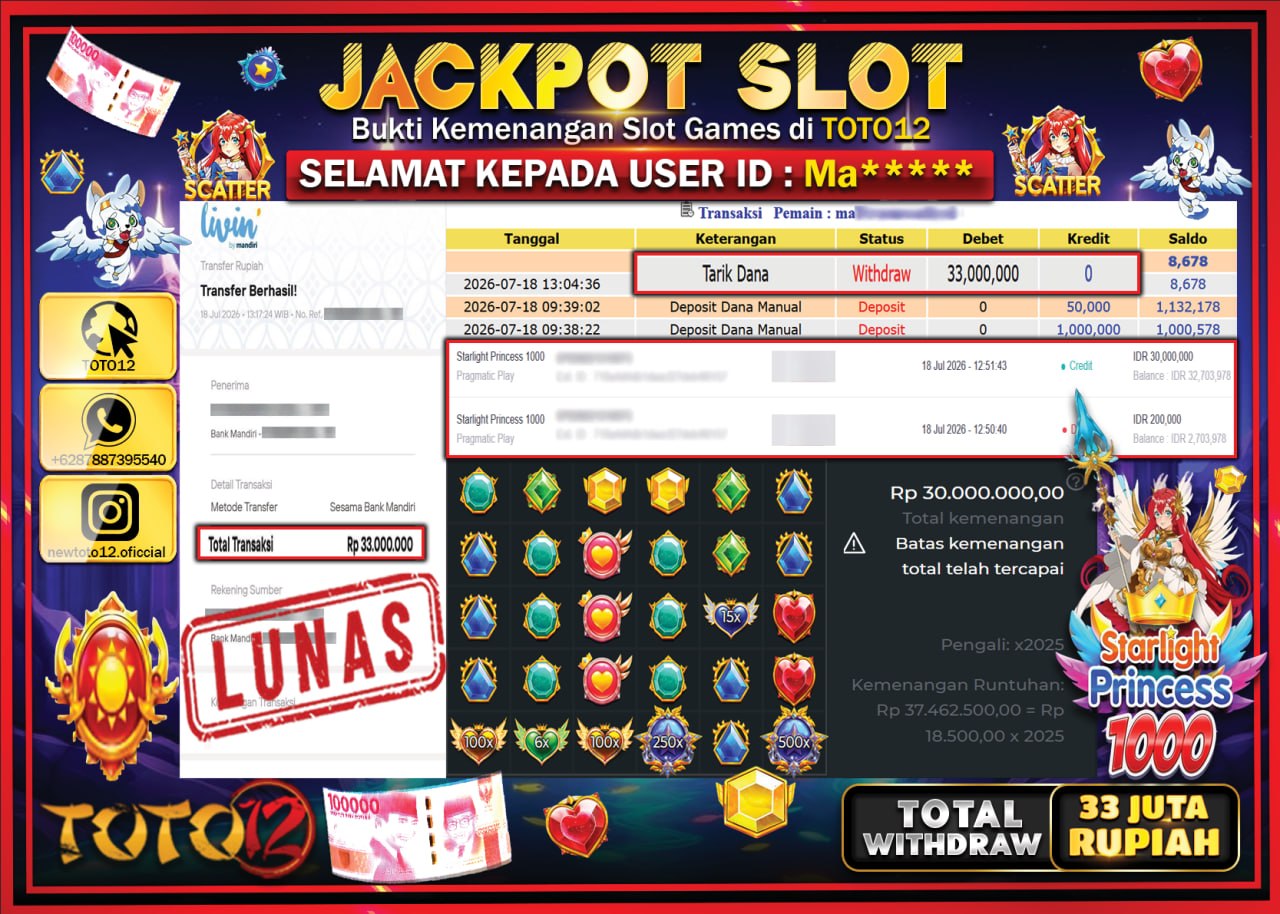HANYA DI TOTO12 JP PASTI DI BAYAR LUNAS DAN CEPAT!!!!!! JACKPOT SLOT GAME (STARLIGHT PRINCESS 1000) Rp33.000.000!!!!
