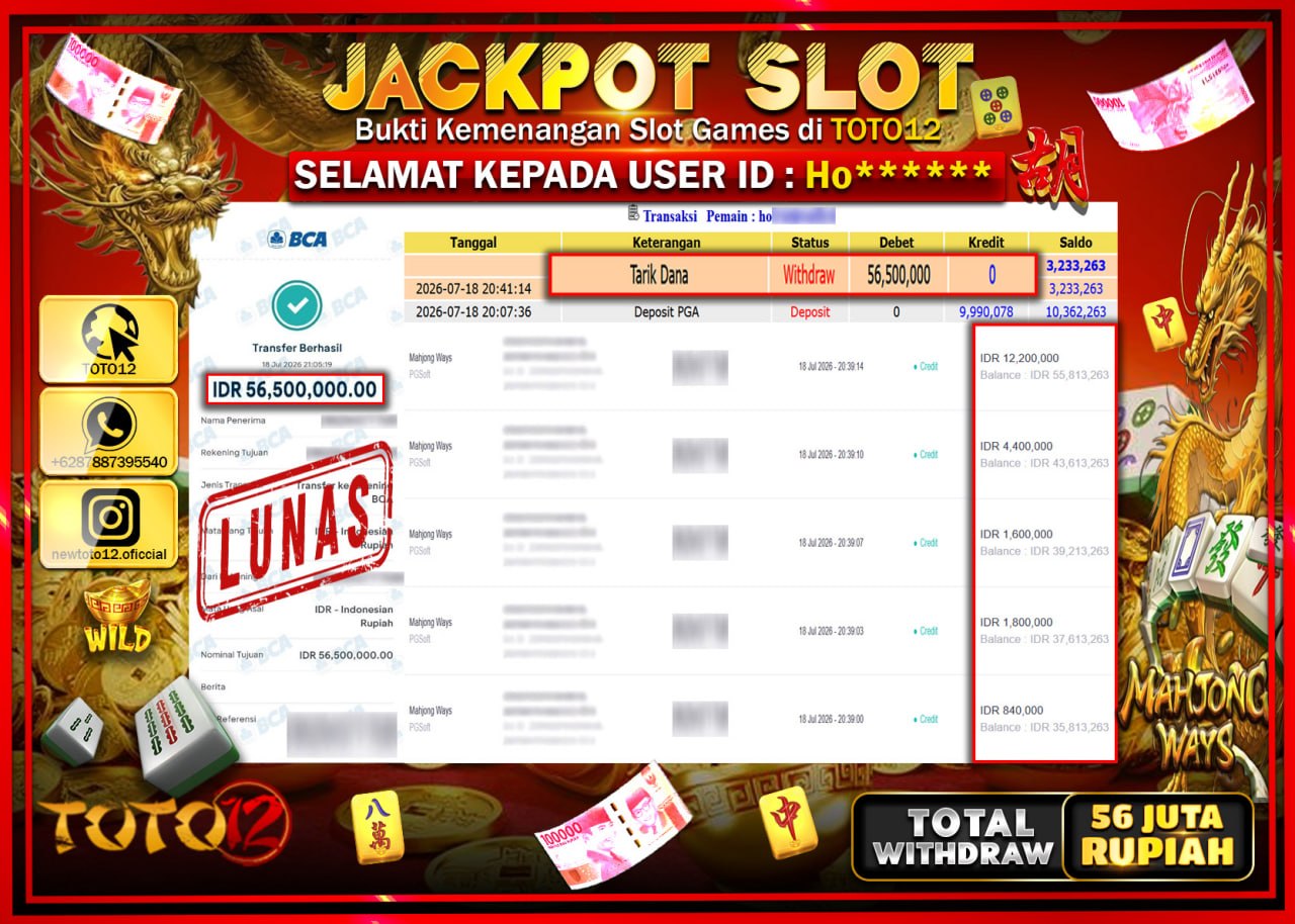 HANYA DI TOTO12 JP PASTI DI BAYAR LUNAS DAN CEPAT!!!!!! JACKPOT SLOT GAME (MAHJONG WAYS) Rp56.500.000!!!!