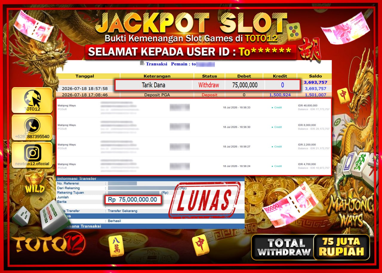 HANYA DI TOTO12 JP PASTI DI BAYAR LUNAS DAN CEPAT!!!!!! JACKPOT SLOT GAME (MAHJONG WAYS) Rp75.000.000!!!!