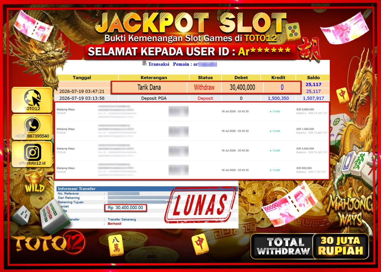 HANYA DI TOTO12 JP PASTI DI BAYAR LUNAS DAN CEPAT!!!!!! JACKPOT SLOT GAME (MAHJONG WAYS) Rp30.400.000!!!!