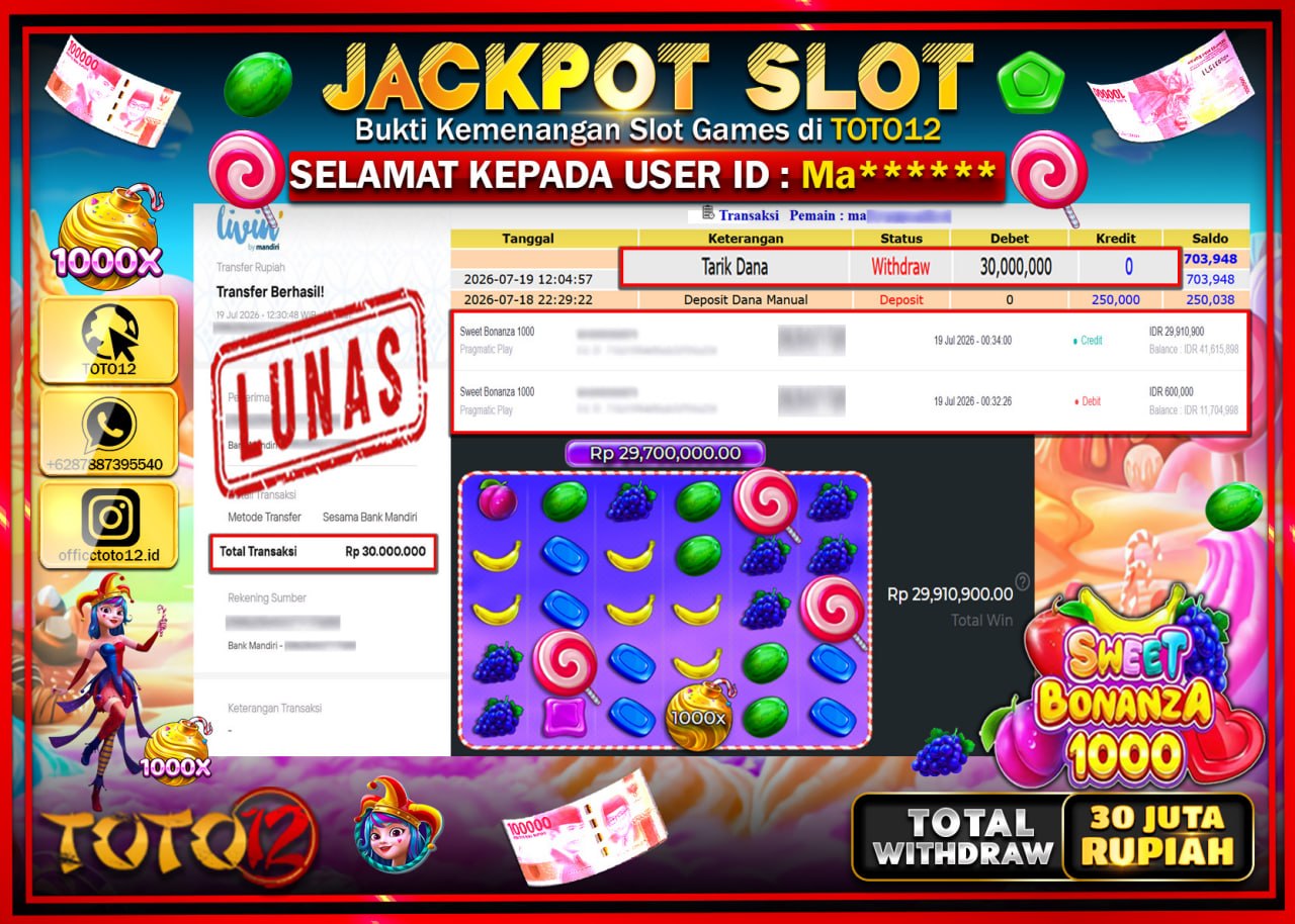 HANYA DI TOTO12 JP PASTI DI BAYAR LUNAS DAN CEPAT!!!!!! JACKPOT SLOT GAME (SWEET BONANZA 1000) Rp30.000.000!!!!