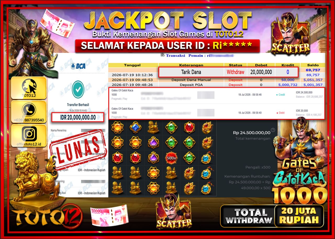 HANYA DI TOTO12 JP PASTI DI BAYAR LUNAS DAN CEPAT!!!!!! JACKPOT SLOT GAME (GATES OF GATOT KACA 1000) Rp20.000.000!!!!