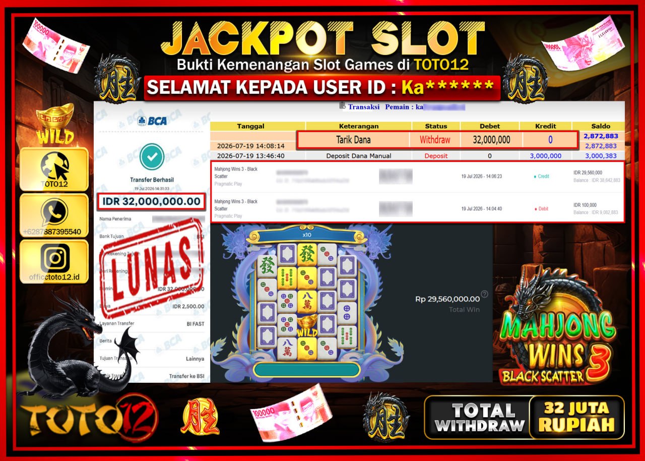 HANYA DI TOTO12 JP PASTI DI BAYAR LUNAS DAN CEPAT!!!!!! JACKPOT SLOT GAME (MAHJONG WINS 3 BLACK SCATTER) Rp32.000.000!!!!