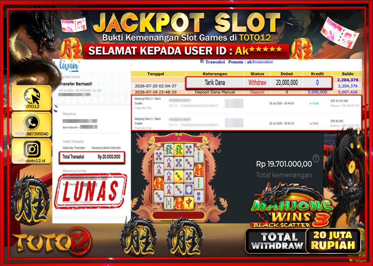 HANYA DI TOTO12 JP PASTI DI BAYAR LUNAS DAN CEPAT!!!!!! JACKPOT SLOT GAME (MAHJONG WINS 3 BLACK SCATTER) Rp20.000.000!!!!