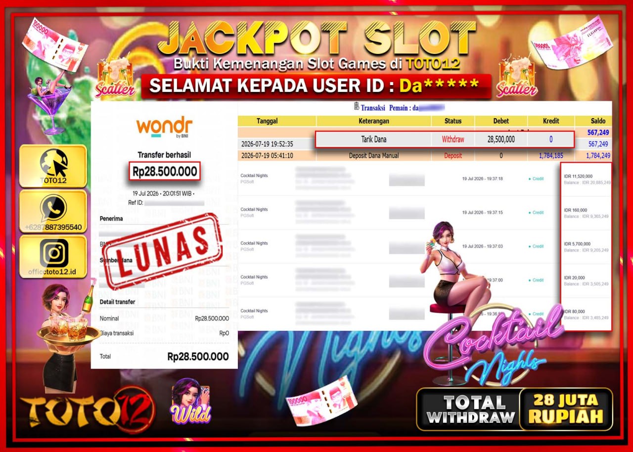 HANYA DI TOTO12 JP PASTI DI BAYAR LUNAS DAN CEPAT!!!!!! JACKPOT SLOT GAME (COCKTAIL NIGHTS) Rp28.500.000!!!!
