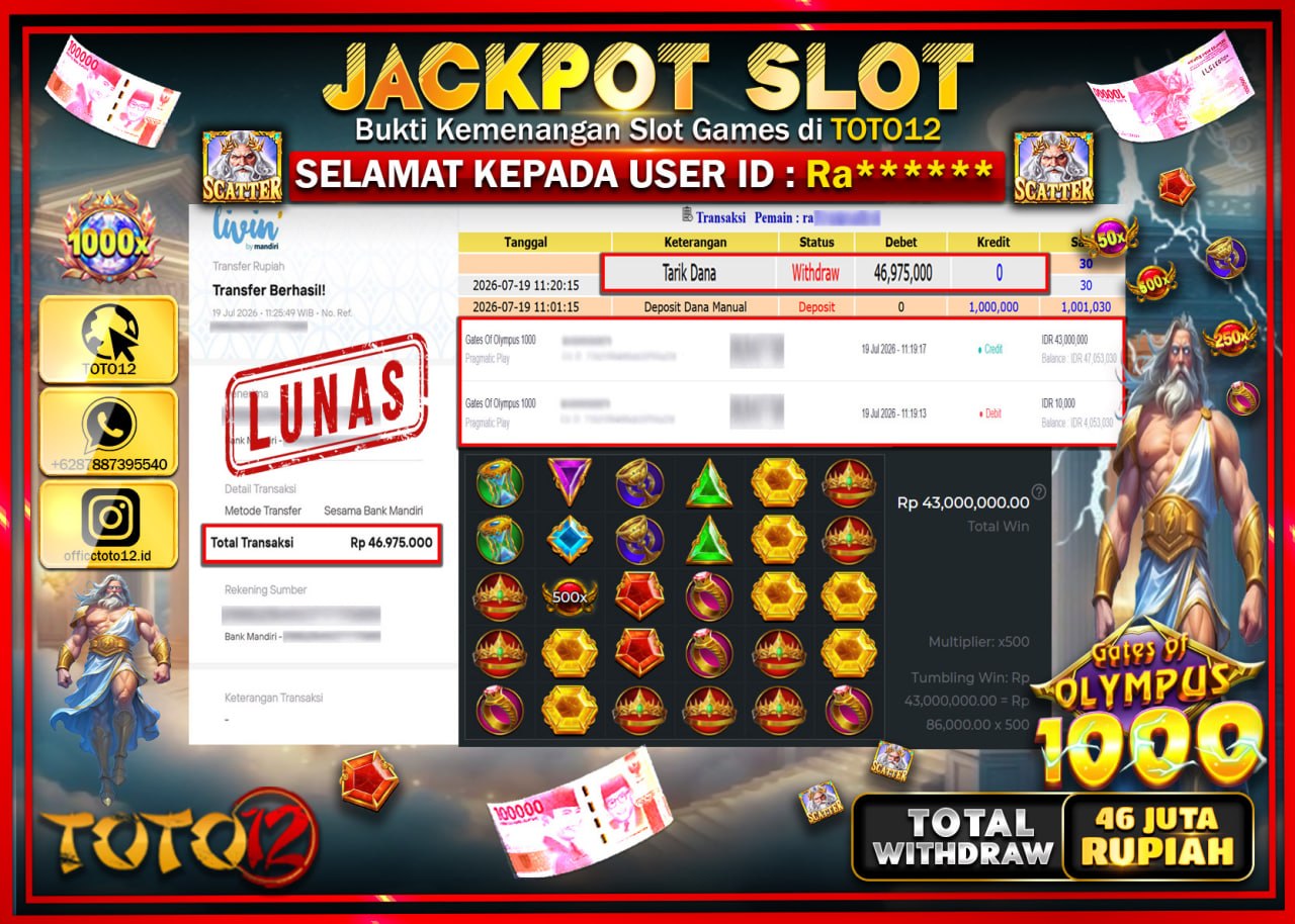 HANYA DI TOTO12 JP PASTI DI BAYAR LUNAS DAN CEPAT!!!!!! JACKPOT SLOT GAME (GATES OF OLYMPUS 1000) Rp46.975.000!!!!