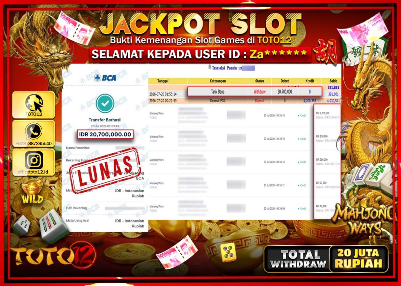HANYA DI TOTO12 JP PASTI DI BAYAR LUNAS DAN CEPAT!!!!!! JACKPOT SLOT GAME (MAHJONG WAYS) Rp20.700.000!!!!