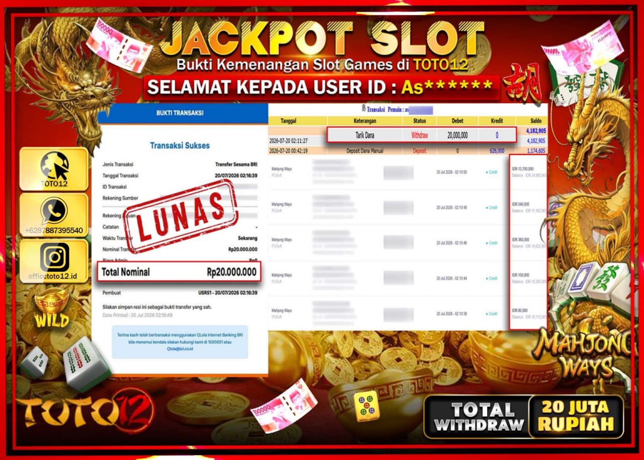 HANYA DI TOTO12 JP PASTI DI BAYAR LUNAS DAN CEPAT!!!!!! JACKPOT SLOT GAME (MAHJONG WAYS) Rp20.000.000!!!!
