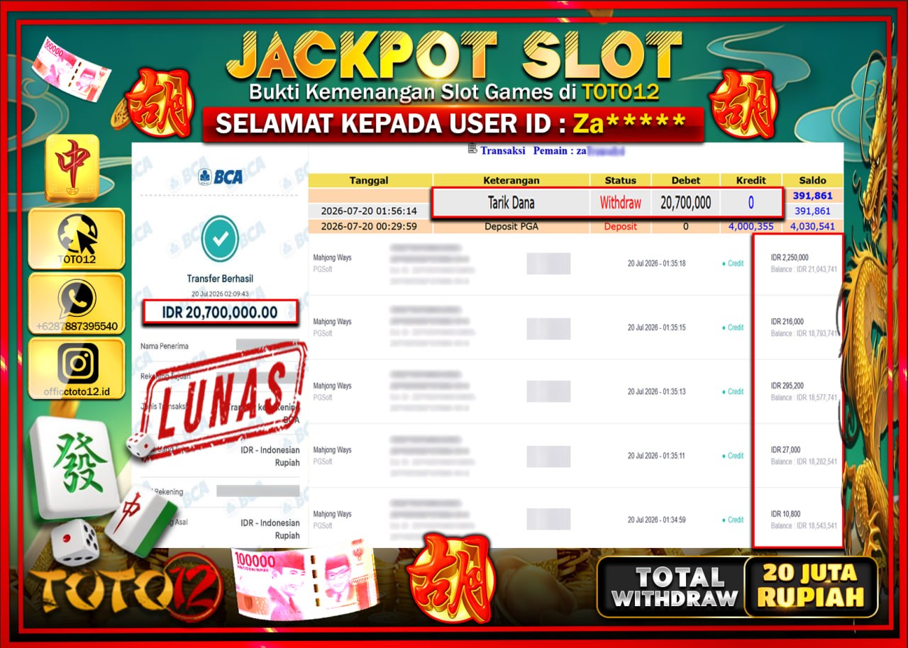 HANYA DI TOTO12 JP PASTI DI BAYAR LUNAS DAN CEPAT!!!!!! JACKPOT SLOT GAME (MAHJONG WAYS) Rp20.700.000!!!!