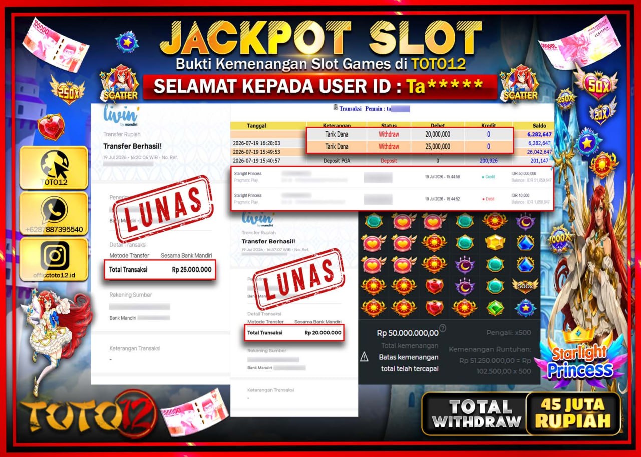 HANYA DI TOTO12 JP PASTI DI BAYAR LUNAS DAN CEPAT!!!!!! JACKPOT SLOT GAME (STARLIGHT PRINCESS) Rp45.000.000!!!!