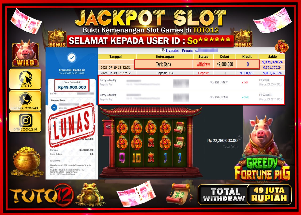 HANYA DI TOTO12 JP PASTI DI BAYAR LUNAS DAN CEPAT!!!!!! JACKPOT SLOT GAME (GREEDY FORTUNE PIG) Rp49.000.000!!!!