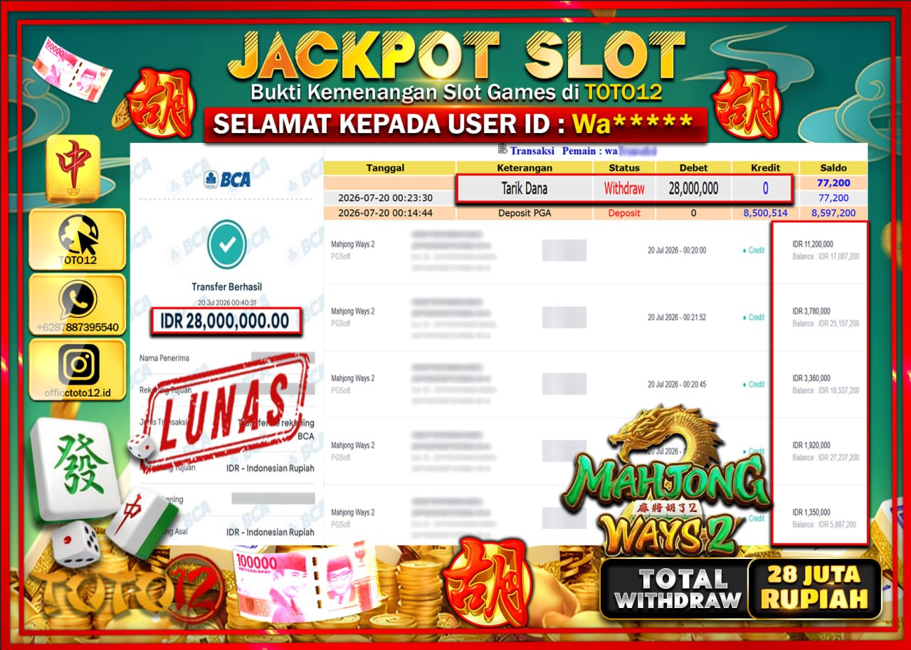 HANYA DI TOTO12 JP PASTI DI BAYAR LUNAS DAN CEPAT!!!!!! JACKPOT SLOT GAME (MAHJONG WAYS 2) Rp28.000.000!!!!