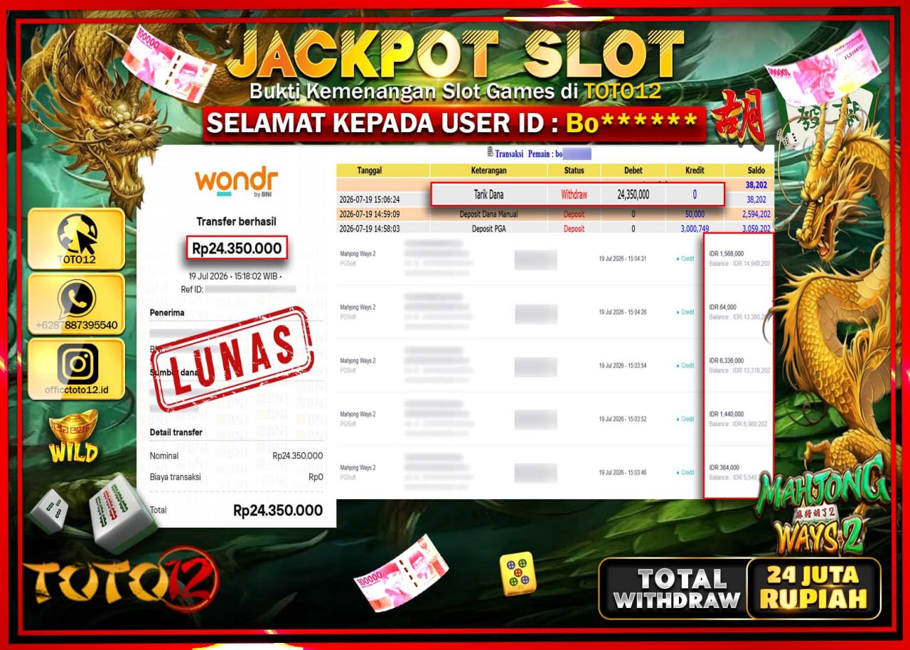 HANYA DI TOTO12 JP PASTI DI BAYAR LUNAS DAN CEPAT!!!!!! JACKPOT SLOT GAME (MAHJONG WAYS 2) Rp24.350.000!!!!