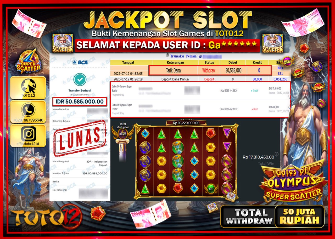 HANYA DI TOTO12 JP PASTI DI BAYAR LUNAS DAN CEPAT!!!!!! JACKPOT SLOT GAME (GATES OF OLYMPUS SUPER SCATTER) Rp50.585.000!!!!