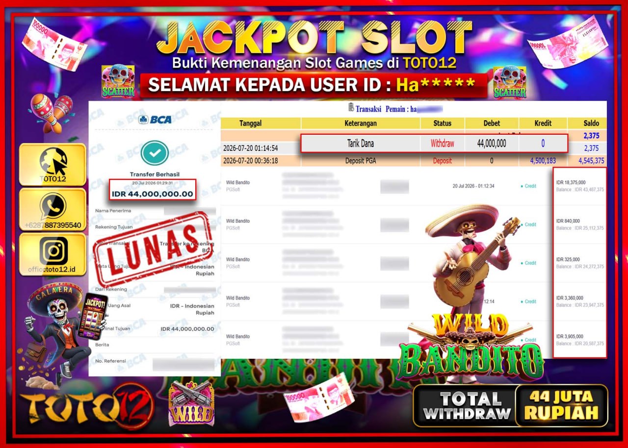 HANYA DI TOTO12 JP PASTI DI BAYAR LUNAS DAN CEPAT!!!!!! JACKPOT SLOT GAME (WILD BANDITO) Rp44.000.000!!!!