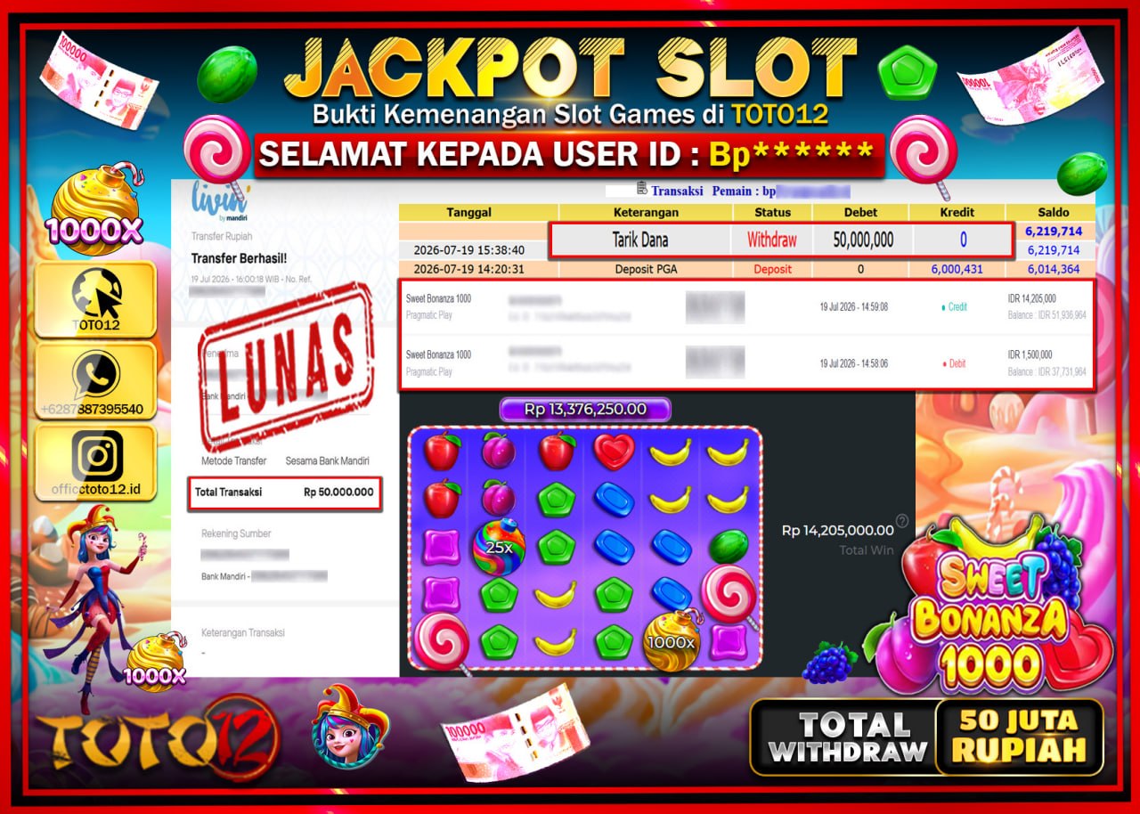 HANYA DI TOTO12 JP PASTI DI BAYAR LUNAS DAN CEPAT!!!!!! JACKPOT SLOT GAME (SWEET BONANZA 1000) Rp50.000.000!!!!