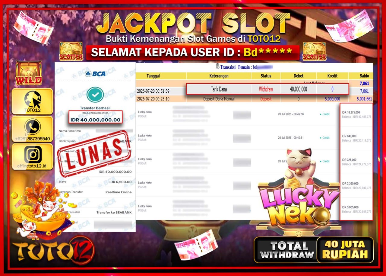 HANYA DI TOTO12 JP PASTI DI BAYAR LUNAS DAN CEPAT!!!!!! JACKPOT SLOT GAME (LUCKY NEKO) Rp40.000.000!!!!