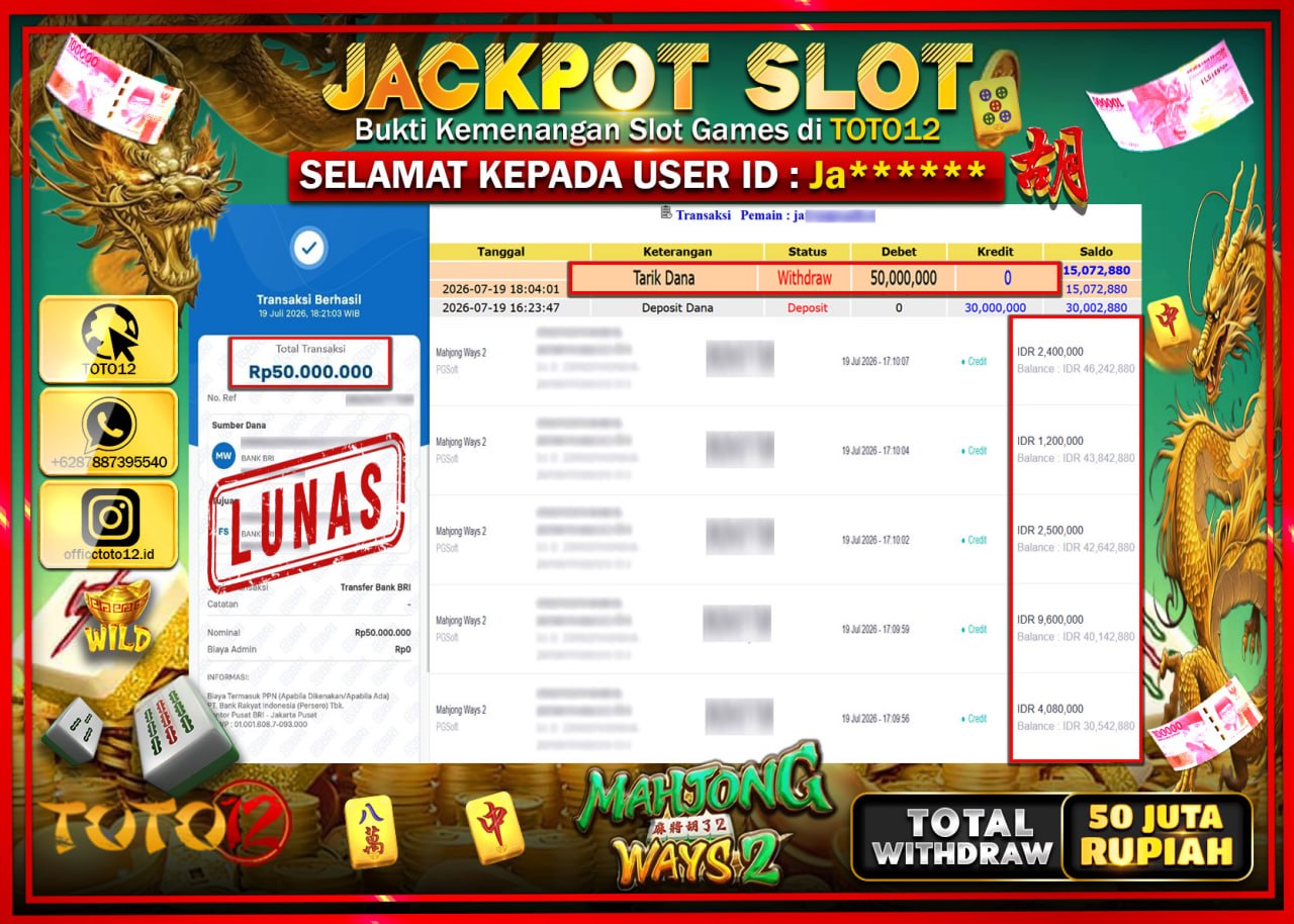 HANYA DI TOTO12 JP PASTI DI BAYAR LUNAS DAN CEPAT!!!!!! JACKPOT SLOT GAME (MAHJONG WAYS 2) Rp50.000.000!!!!