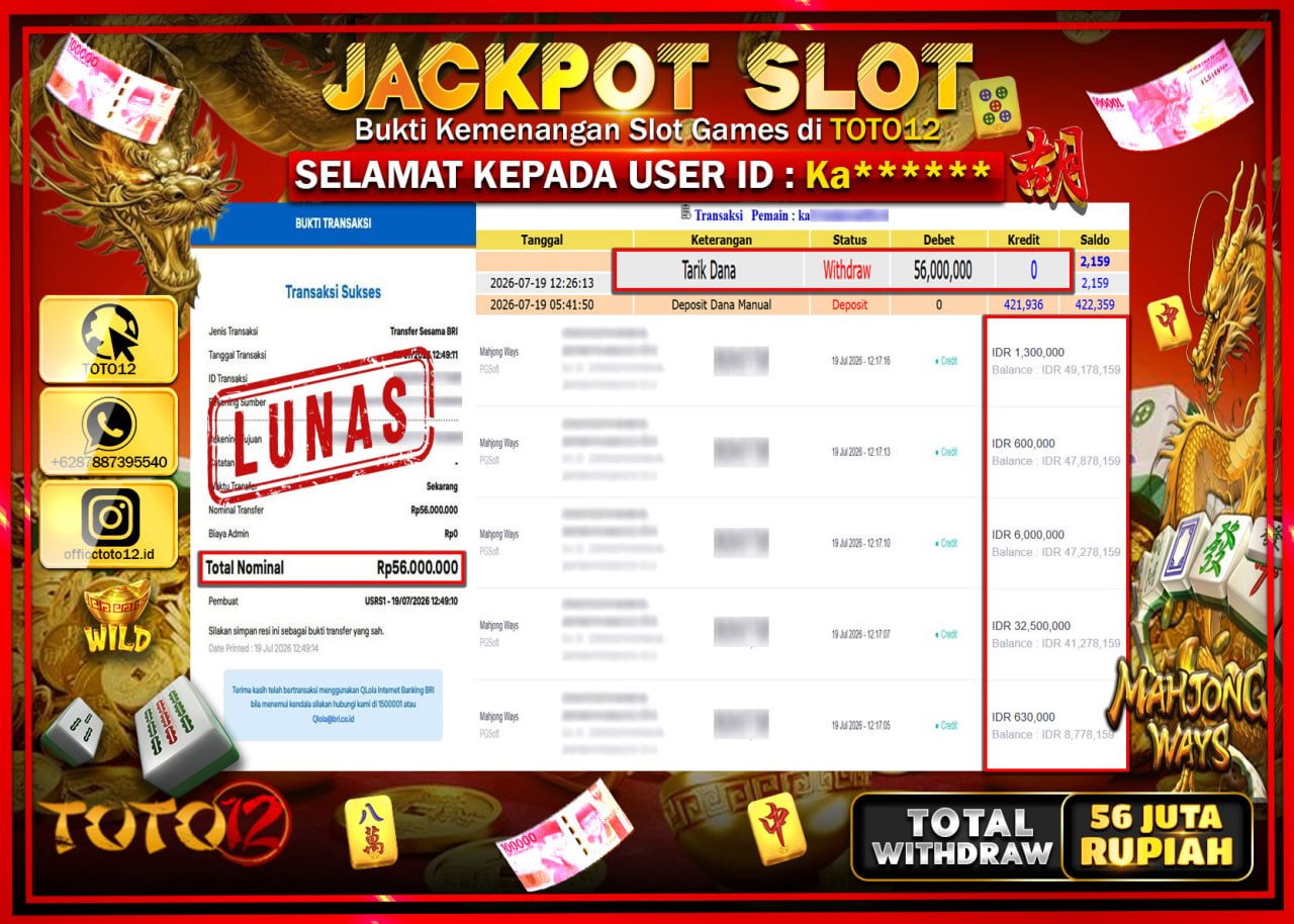 HANYA DI TOTO12 JP PASTI DI BAYAR LUNAS DAN CEPAT!!!!!! JACKPOT SLOT GAME (MAHJONG WAYS) Rp56.000.000!!!!