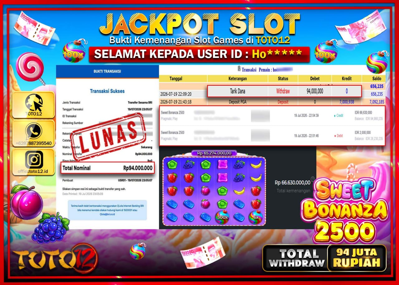 HANYA DI TOTO12 JP PASTI DI BAYAR LUNAS DAN CEPAT!!!!!! JACKPOT SLOT GAME (SWEET BONANZA 2500) Rp94.000.000!!!!