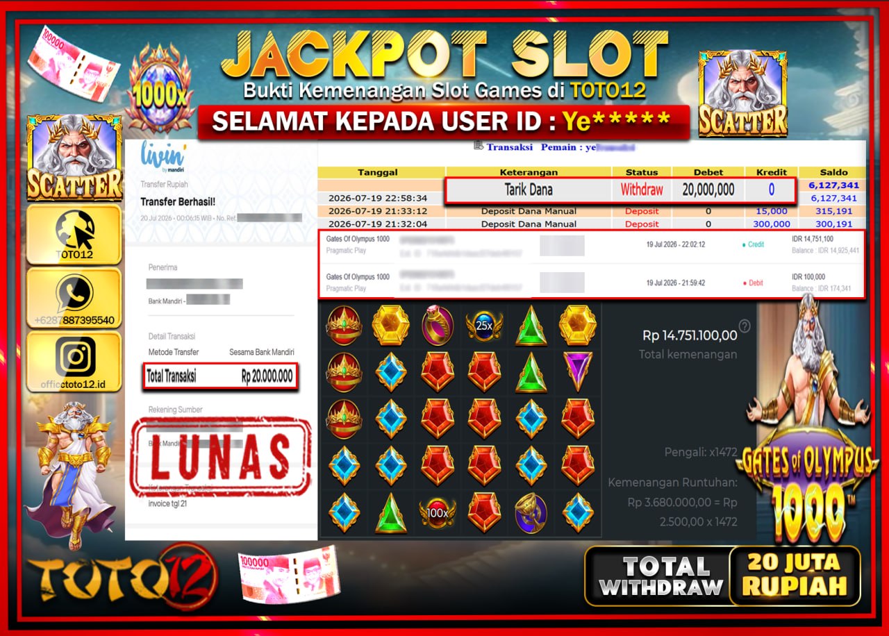 HANYA DI TOTO12 JP PASTI DI BAYAR LUNAS DAN CEPAT!!!!!! JACKPOT SLOT GAME (GATES OF OLYMPUS 1000) Rp20.000.000!!!!