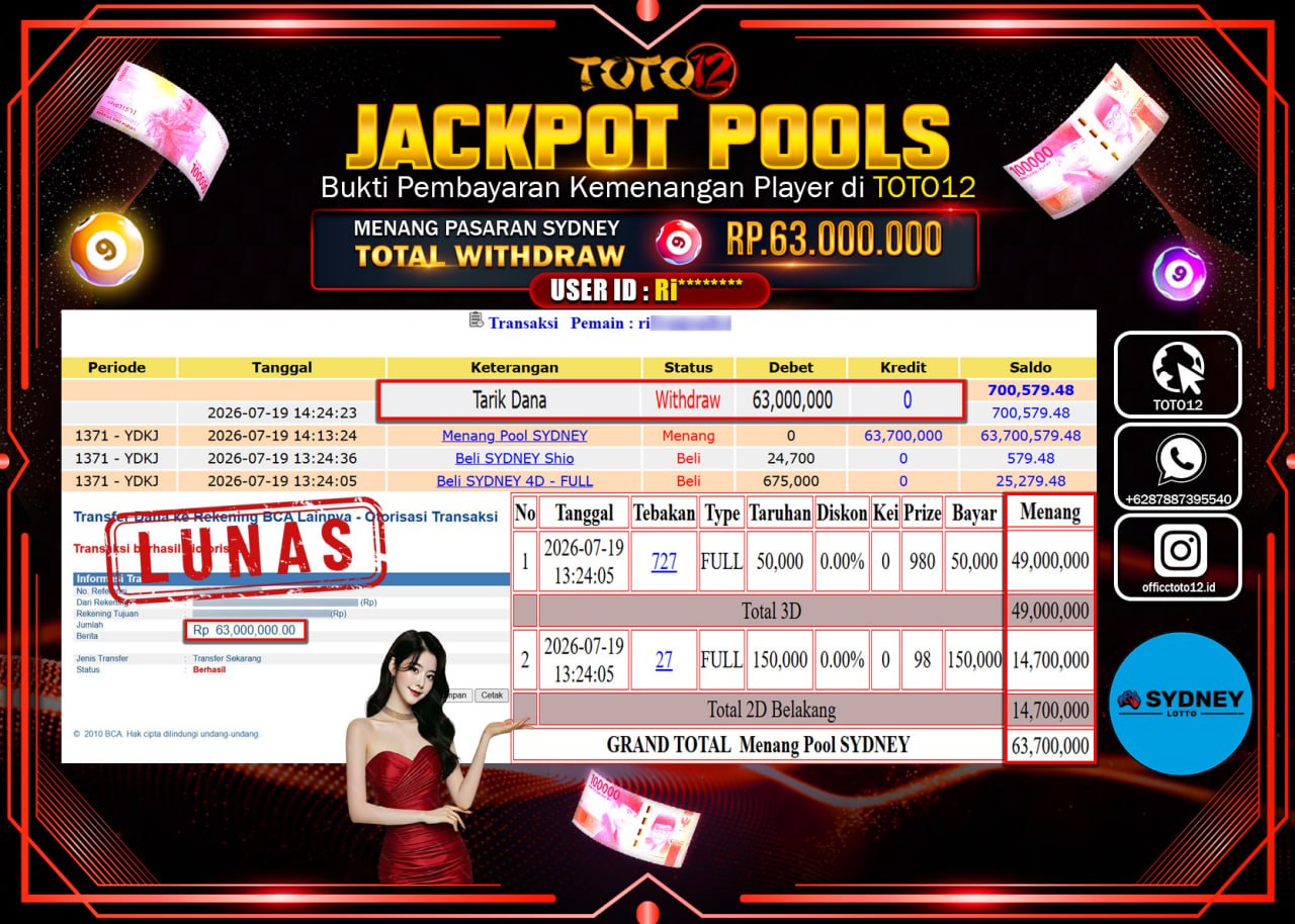 HANYA DI TOTO12 JP PASTI DI BAYAR LUNAS DAN CEPAT!!!!!! JACKPOT POOLS PASARAN (SYDNEY) Rp63.000.000!!!!