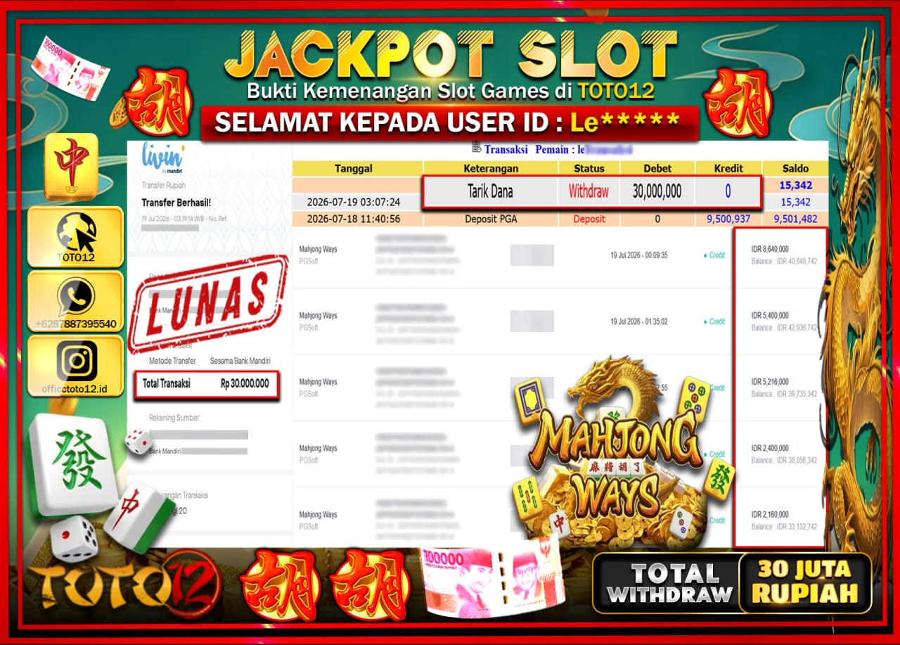 HANYA DI TOTO12 JP PASTI DI BAYAR LUNAS DAN CEPAT!!!!!! JACKPOT SLOT GAME (MAHJONG WAYS) Rp30.000.000!!!!