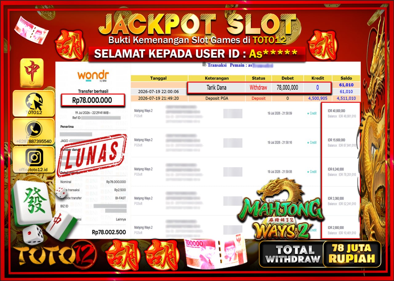 HANYA DI TOTO12 JP PASTI DI BAYAR LUNAS DAN CEPAT!!!!!! JACKPOT SLOT GAME (MAHJONG WAYS 2) Rp78.000.000!!!!