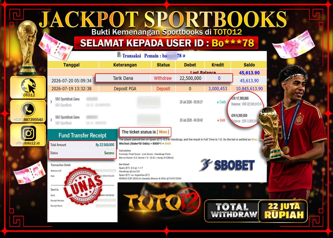 HANYA DI TOTO12 JP PASTI DI BAYAR LUNAS DAN CEPAT!!!!!! JACKPOT  GAME SPORT (SBO SPORTBOOKS) Rp22.500.000!!!!