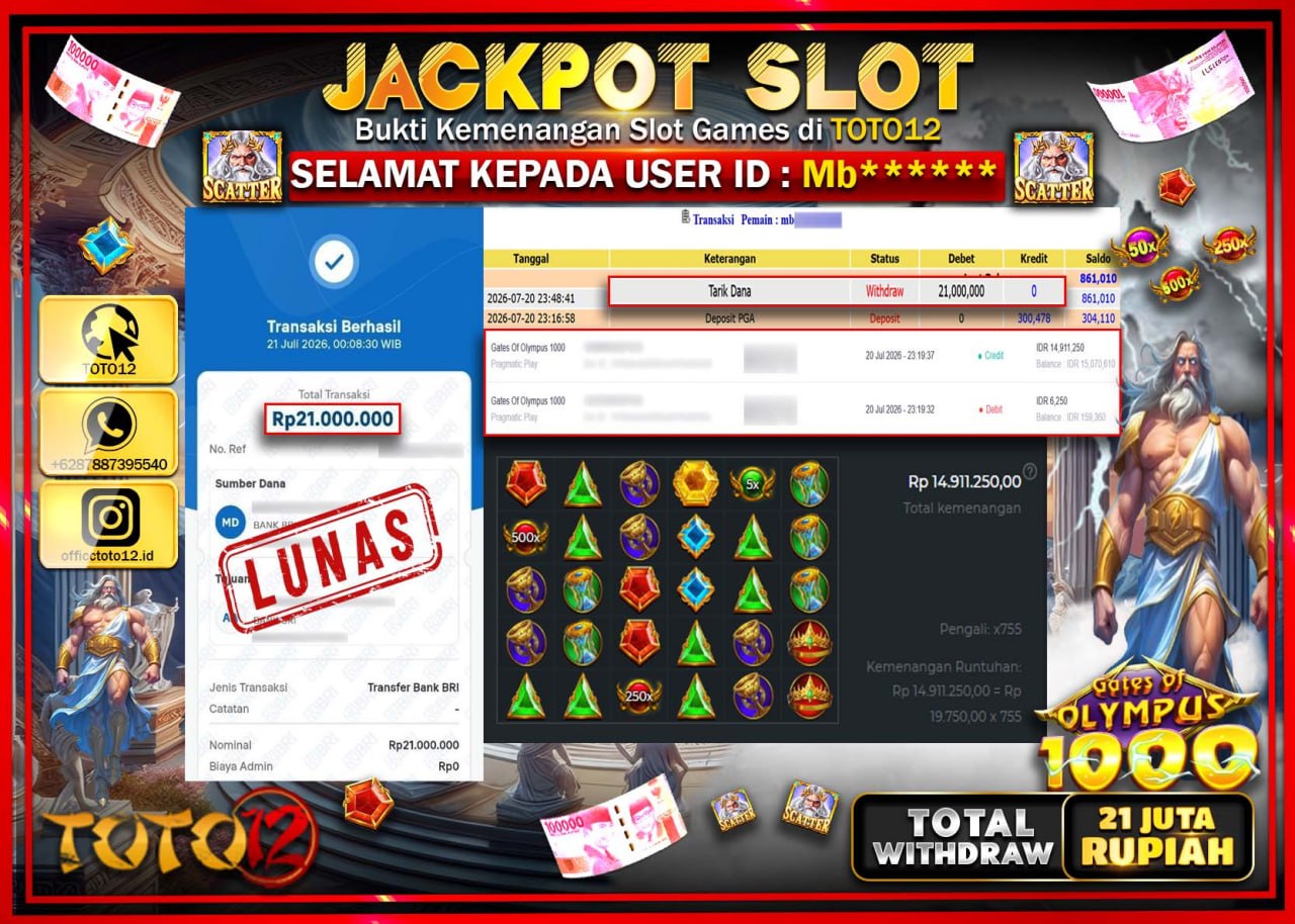 HANYA DI TOTO12 JP PASTI DI BAYAR LUNAS DAN CEPAT!!!!!! JACKPOT SLOT GAME (GATES OF OLYMPUS 1000) Rp21.000.000!!!!