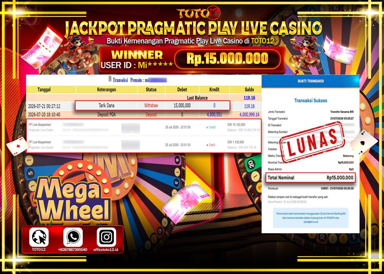 HANYA DI TOTO12 JP PASTI DI BAYAR LUNAS DAN CEPAT!!!!!! JACKPOT PRAGMATIC PLAY LIVE GAME CASINO (PP LIVE MEGAWHEEL) Rp15.000.000!!!!