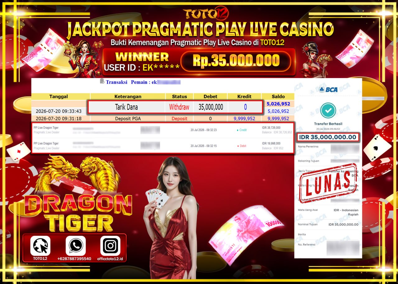 HANYA DI TOTO12 JP PASTI DI BAYAR LUNAS DAN CEPAT!!!!!! JACKPOT PRAGMATIC PLAY LIVE GAME CASINO (PP LIVE DRAGON TIGER) Rp35.000.000!!!!