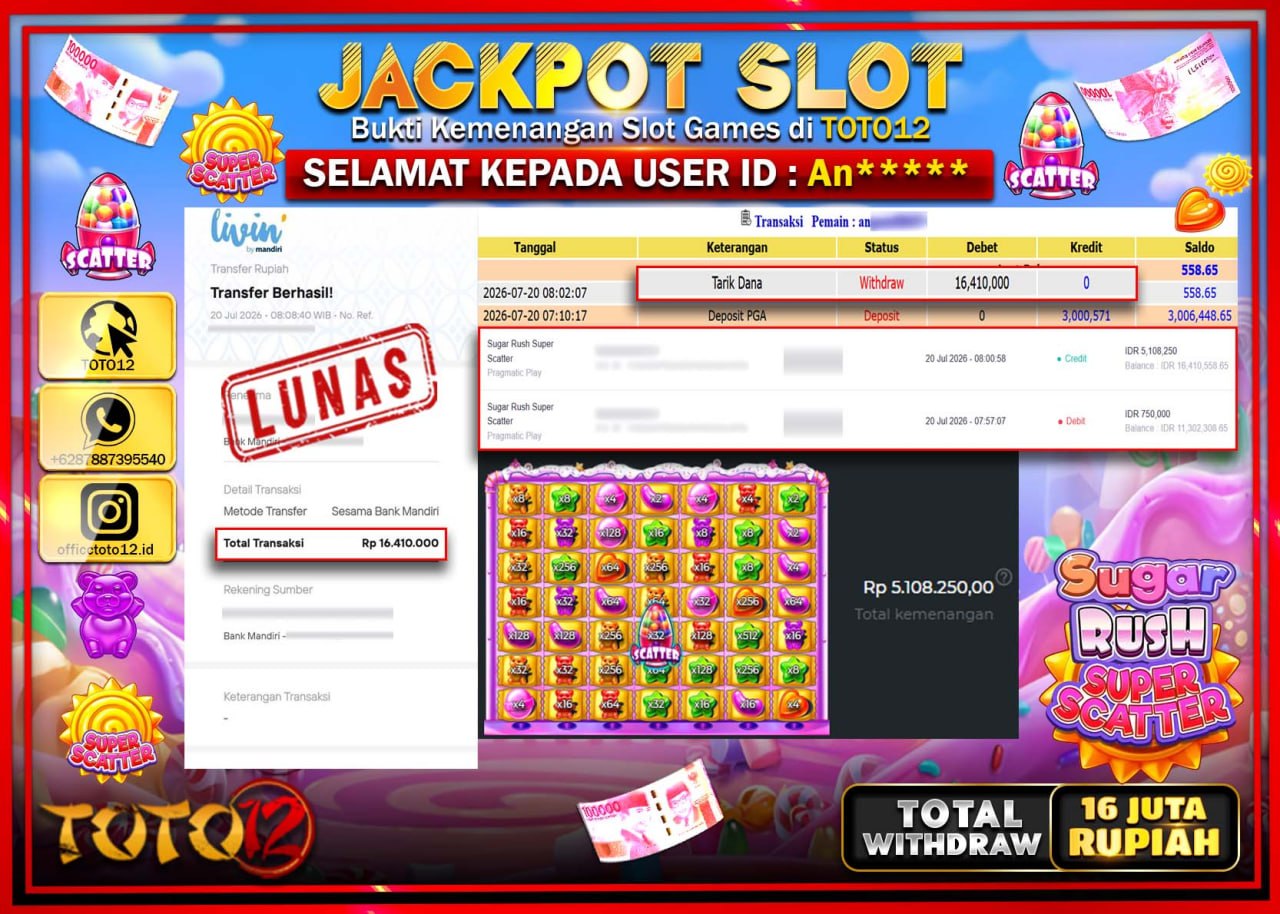 HANYA DI TOTO12 JP PASTI DI BAYAR LUNAS DAN CEPAT!!!!!! JACKPOT SLOT GAME (SUGAR RUSH SUPER SCATTER) Rp16.410.000!!!!