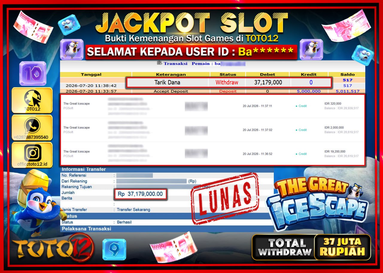 HANYA DI TOTO12 JP PASTI DI BAYAR LUNAS DAN CEPAT!!!!!! JACKPOT SLOT GAME (THE GREAT ICESCAPE) Rp37.179.000!!!!