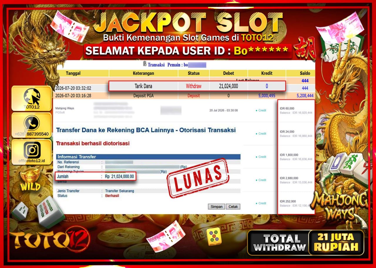 HANYA DI TOTO12 JP PASTI DI BAYAR LUNAS DAN CEPAT!!!!!! JACKPOT SLOT GAME (MAHJONG WAYS) Rp21.024.000!!!!