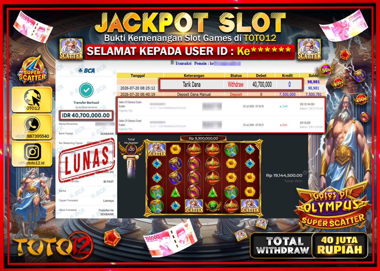 HANYA DI TOTO12 JP PASTI DI BAYAR LUNAS DAN CEPAT!!!!!! JACKPOT SLOT GAME (GATES OF OLYMPUS SUPER SCATTER) Rp40.700.000!!!!